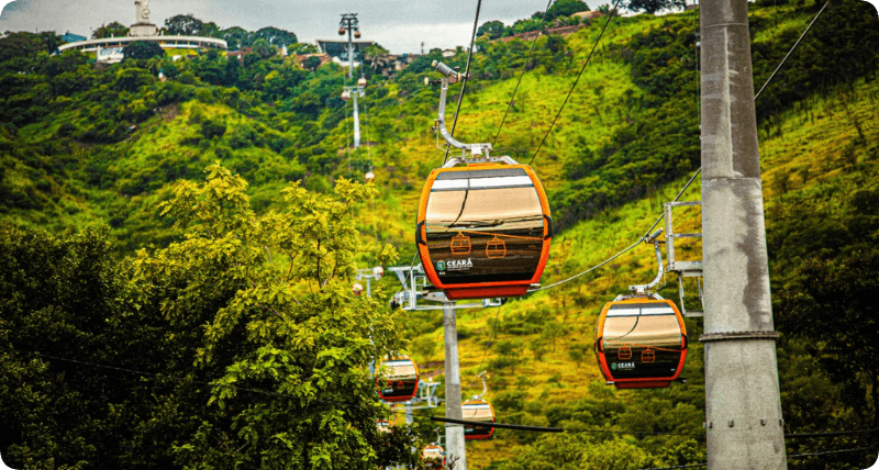 Foto de dois bondinhos do teleférico do complexo ambiental caminhos do horto.