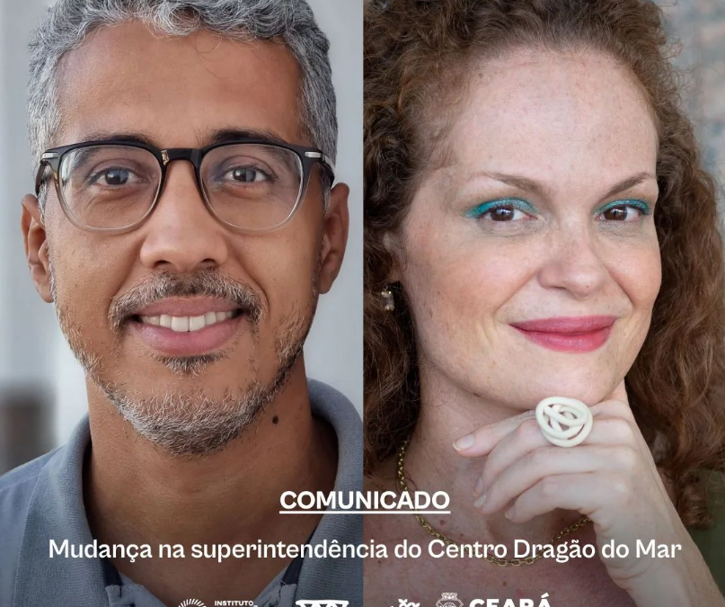 Card com foto de duas pessoas. Do lado esquerdo, um homem negro de cabeços brancos; do lado esquerdo, uma mulher ruiva. Ambos sorriem. Sobre a imagem, lê-se: "Comunicado. Mudança na superintendência do Centro Dragão do Mar.