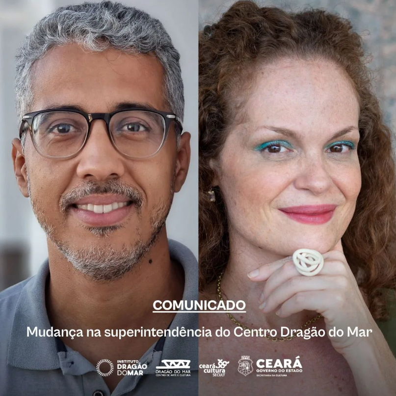 Card com foto de duas pessoas. Do lado esquerdo, um homem negro de cabeços brancos; do lado esquerdo, uma mulher ruiva. Ambos sorriem. Sobre a imagem, lê-se: "Comunicado. Mudança na superintendência do Centro Dragão do Mar.