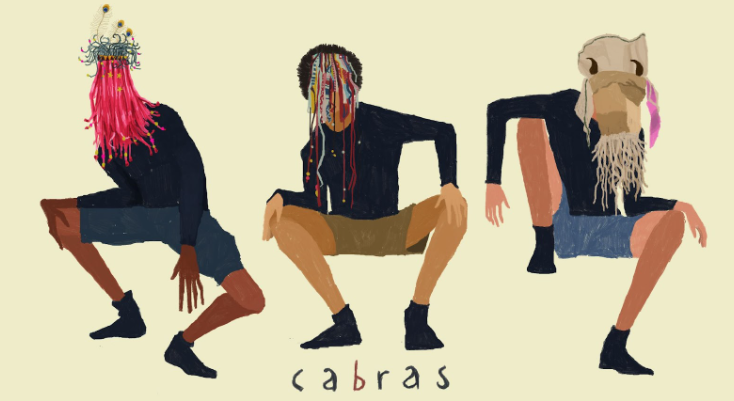 Ilustração de três pessoas. Elas usam máscaras, shorts e blusas pretas de manga longa. Parecem estar sentados. Na parte inferior da ilustração, lê-se: "Cabras"