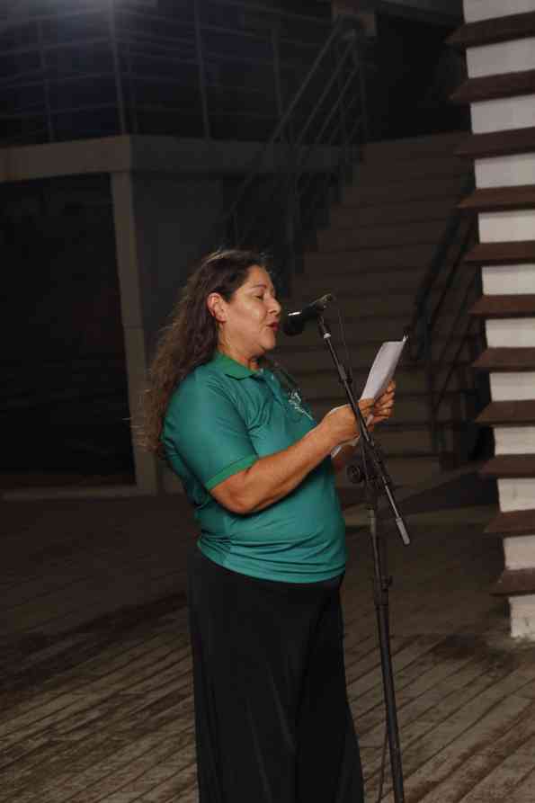 Uma mulher branca, de cabelos castanhos longos, vestida com uma camisa verde e uma calça preta, fala ao microfone