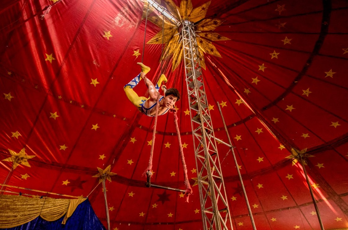 Foto de espetáculo de circo. É possível ver a tenda vermelha. No ar, está um malabarista executando um número aereo.