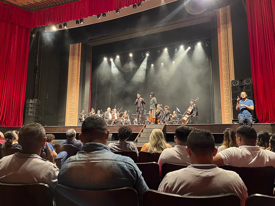 uma orquestra se apresenta em um grande e luxuoso palco. Jovens que estão de costas na foto assistem na plateia.